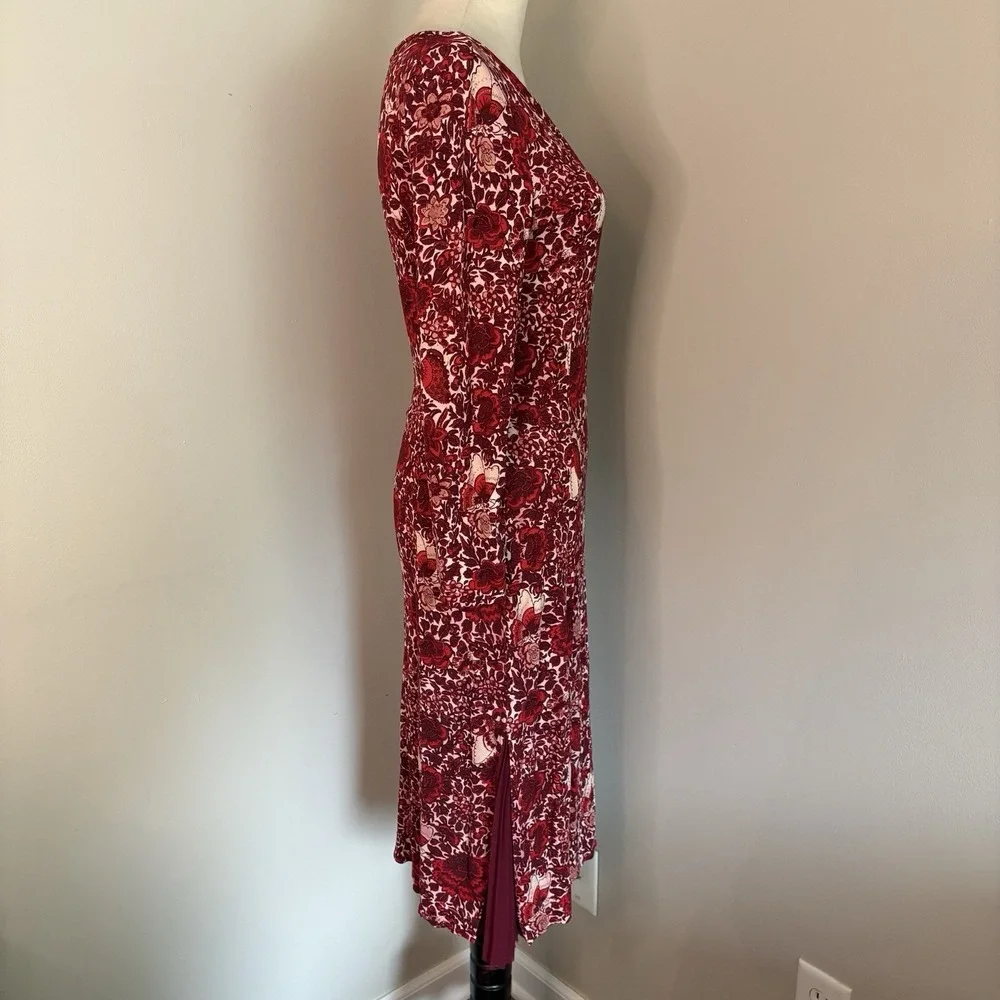 Tory Burch Ria Red Butterfly Floral Dress S Sheath Pleated Side Slit Long Sleeve